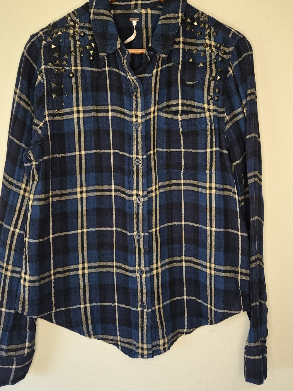 Free People Embellished Studded Plaid Button Down Shirt Blue Flannel Size Medium